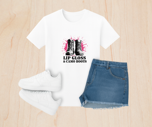 Girls Youth Lip Gloss and Camo Boots T-Shirt